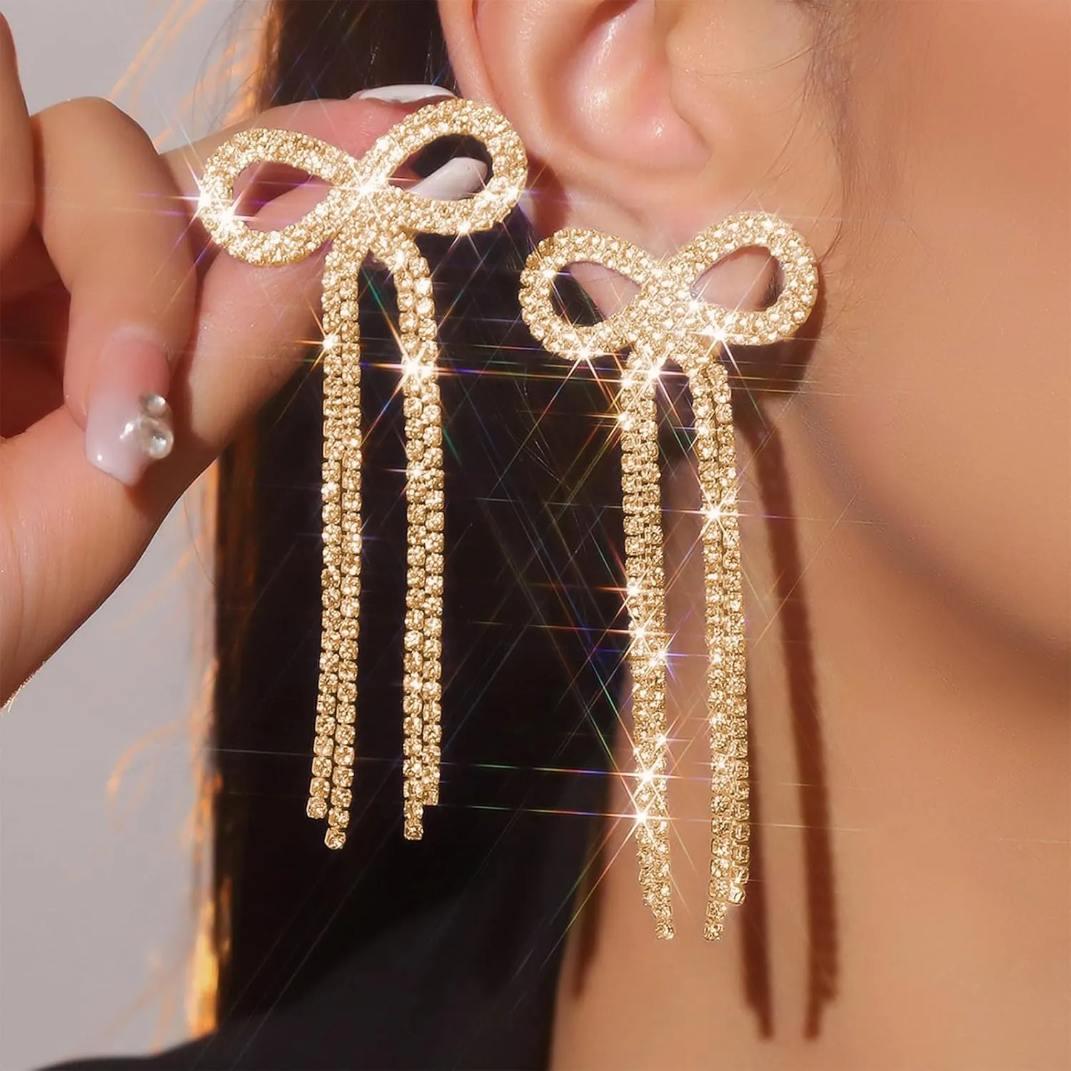 Silver Rhinestone Earrings Dangling Bow Earrings for Women Sparkly Wedding Bridal Jewelry Long Tassel Chandelier Earring Prom Dresses 2025