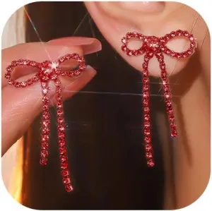 Silver Rhinestone Earrings Dangling Bow Earrings for Women Sparkly Wedding Bridal Jewelry Long Tassel Chandelier Earring Prom Dresses 2025