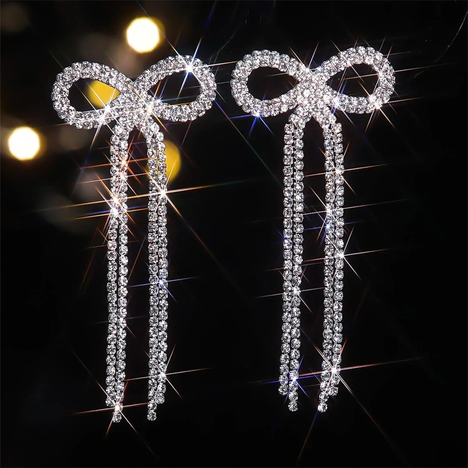 Silver Rhinestone Earrings Dangling Bow Earrings for Women Sparkly Wedding Bridal Jewelry Long Tassel Chandelier Earring Prom Dresses 2025