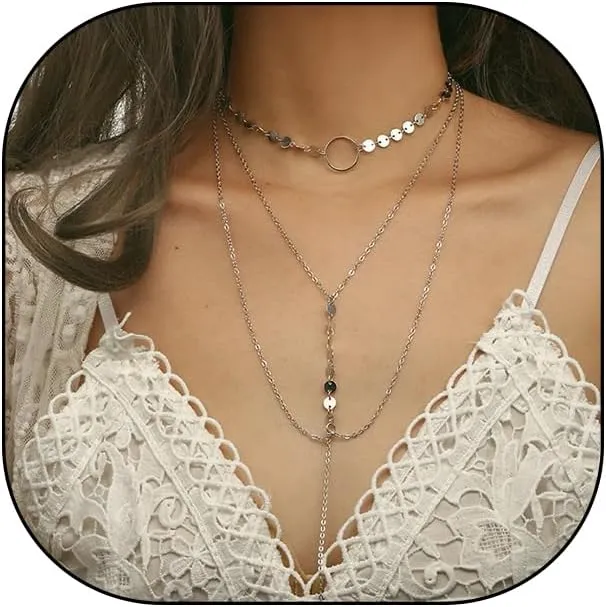 Silver Tassel Sequin Layered Stacked Long Necklace, Stylish Thin Minimalist Choker Necklace, Modern Dainty Trendy Multiple Chain Jewelry Gift