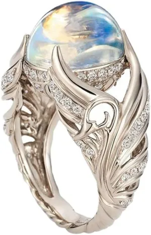 Spiritual Gorgeous 925 Sterling Silver Ring Angel Wings Wedding Band Charming Moonstone Diamond Jewelry Casual Accessory Engagement Rings
