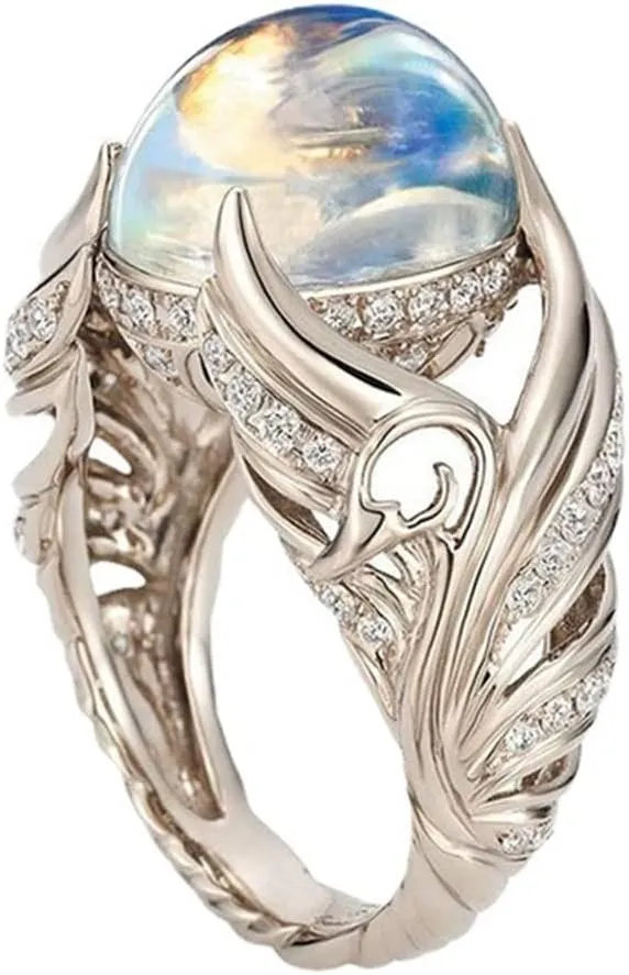 Spiritual Gorgeous 925 Sterling Silver Ring Angel Wings Wedding Band Charming Moonstone Diamond Jewelry Casual Accessory Engagement Rings