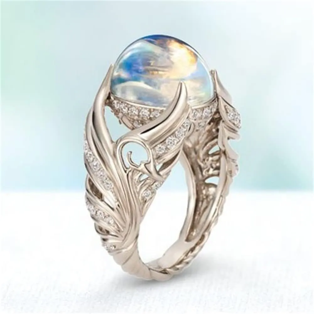 Spiritual Gorgeous 925 Sterling Silver Ring Angel Wings Wedding Band Charming Moonstone Diamond Jewelry Casual Accessory Engagement Rings