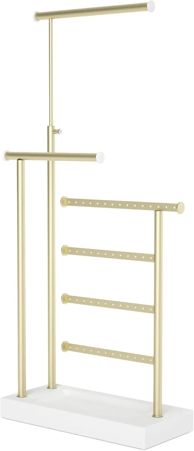 SRIWATANA Jewelry Organizer Stand, Extra Tall Necklace Holder Jewelry Holder, 4-Tier Earring Holder Organizer, Jewelry Display Stand with Wooden Base, Gift Idea (White & Gold)