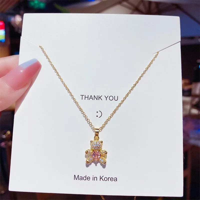 Stainless Steel Cute Bear Pendant Necklace for Women Jewelry Chains Necklaces Zirconia Luxury Choker Korea Wholesale