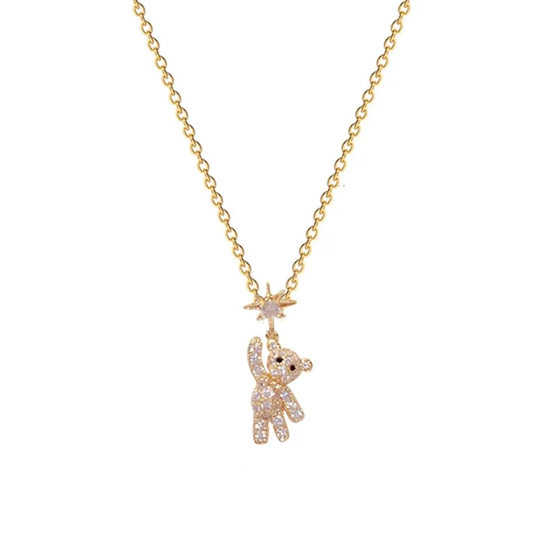 Stainless Steel Cute Bear Pendant Necklace for Women Jewelry Chains Necklaces Zirconia Luxury Choker Korea Wholesale