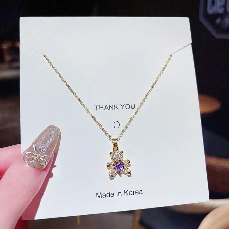 Stainless Steel Cute Bear Pendant Necklace for Women Jewelry Chains Necklaces Zirconia Luxury Choker Korea Wholesale