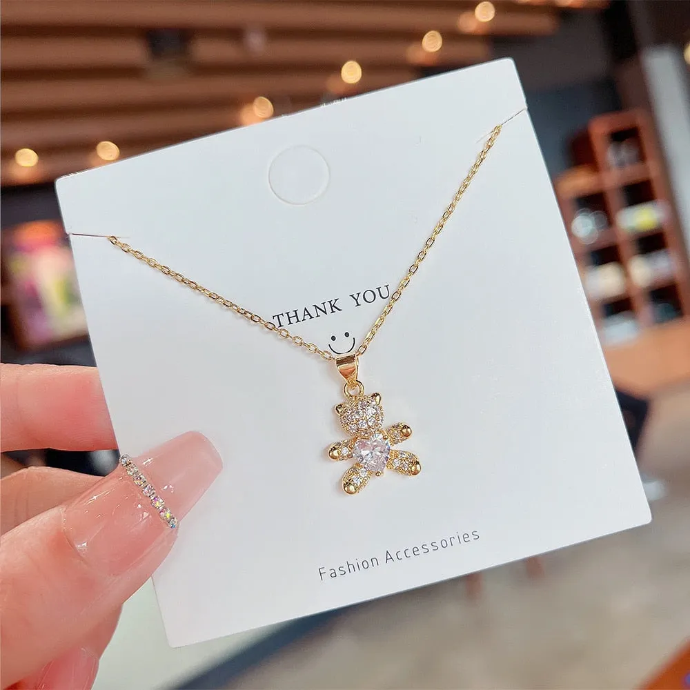 Stainless Steel Cute Bear Pendant Necklace for Women Jewelry Chains Necklaces Zirconia Luxury Choker Korea Wholesale