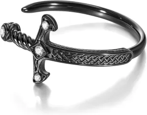 Stainless Steel Mens Cuff Bracelet, Cool Sword Silver/Black/Gold Viking Celtic Knot Cubic Zirconia Open Metal Cuff Bangle Bracelets Jewelry Gifts for Men, 62MM