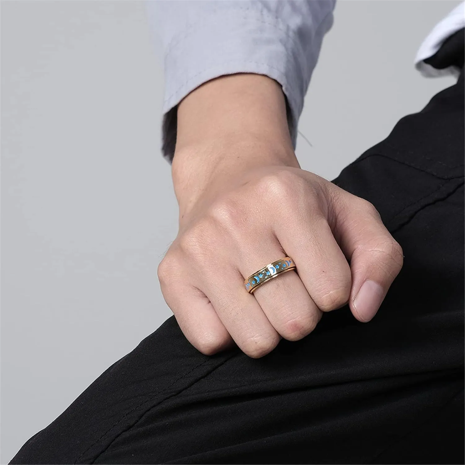 Stainless Steel Spinner Ring, Moon Star Rotatable Luminous Ring Fidget Rings Halloween Glowing Star Ring Engagement Wedding Promise Ring for Women Men Size 7-11