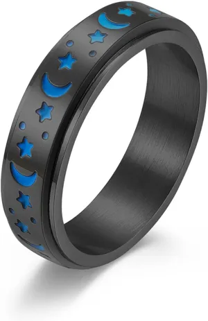 Stainless Steel Spinner Ring, Moon Star Rotatable Luminous Ring Fidget Rings Halloween Glowing Star Ring Engagement Wedding Promise Ring for Women Men Size 7-11