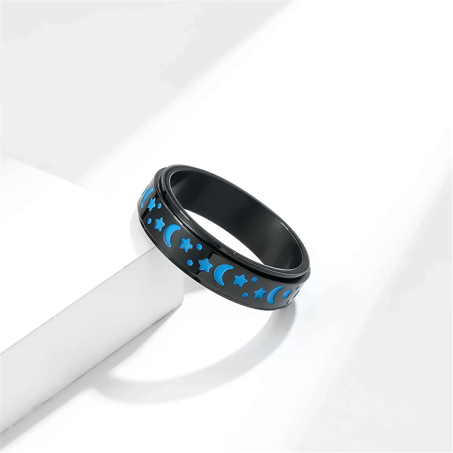 Stainless Steel Spinner Ring, Moon Star Rotatable Luminous Ring Fidget Rings Halloween Glowing Star Ring Engagement Wedding Promise Ring for Women Men Size 7-11