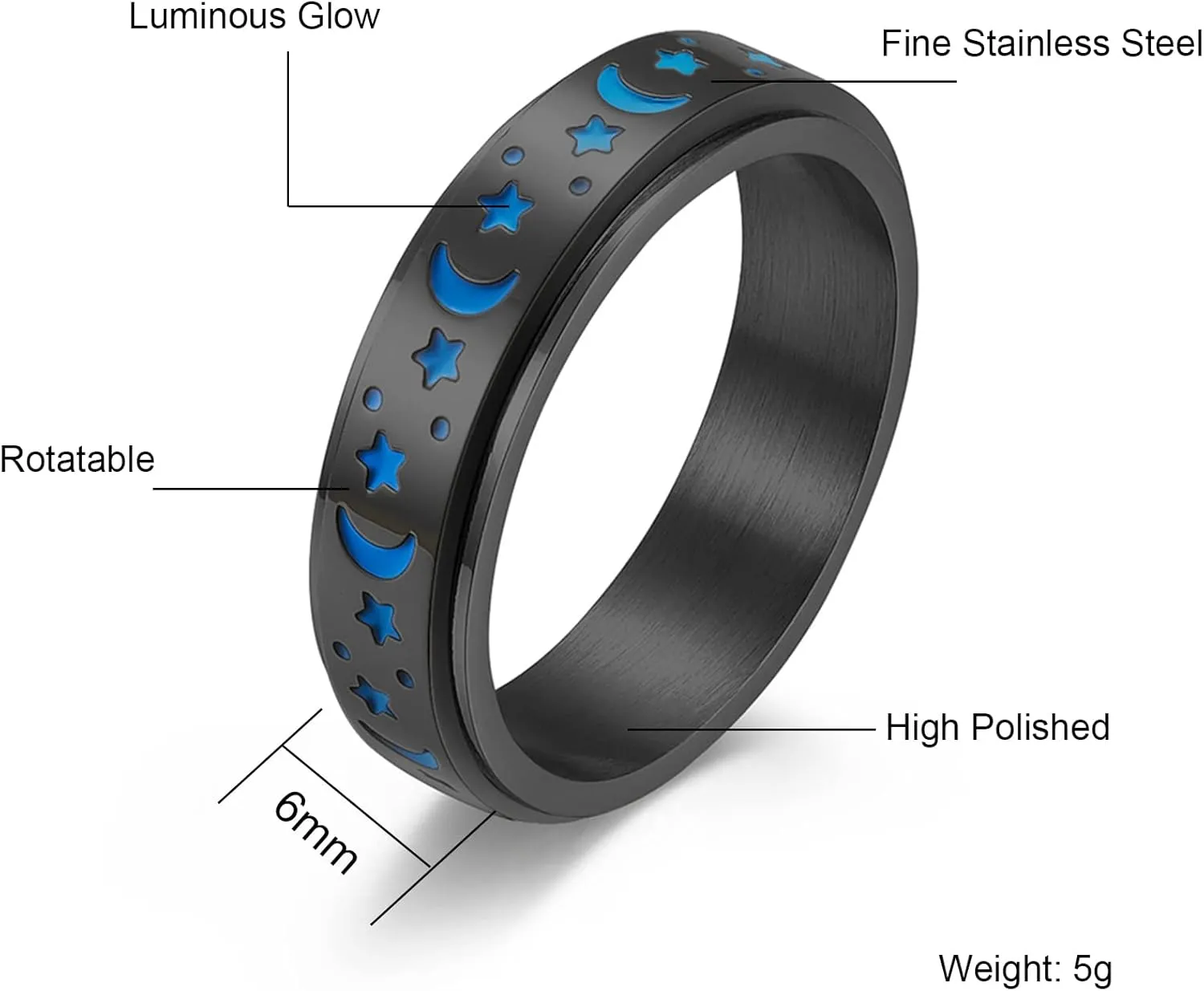 Stainless Steel Spinner Ring, Moon Star Rotatable Luminous Ring Fidget Rings Halloween Glowing Star Ring Engagement Wedding Promise Ring for Women Men Size 7-11