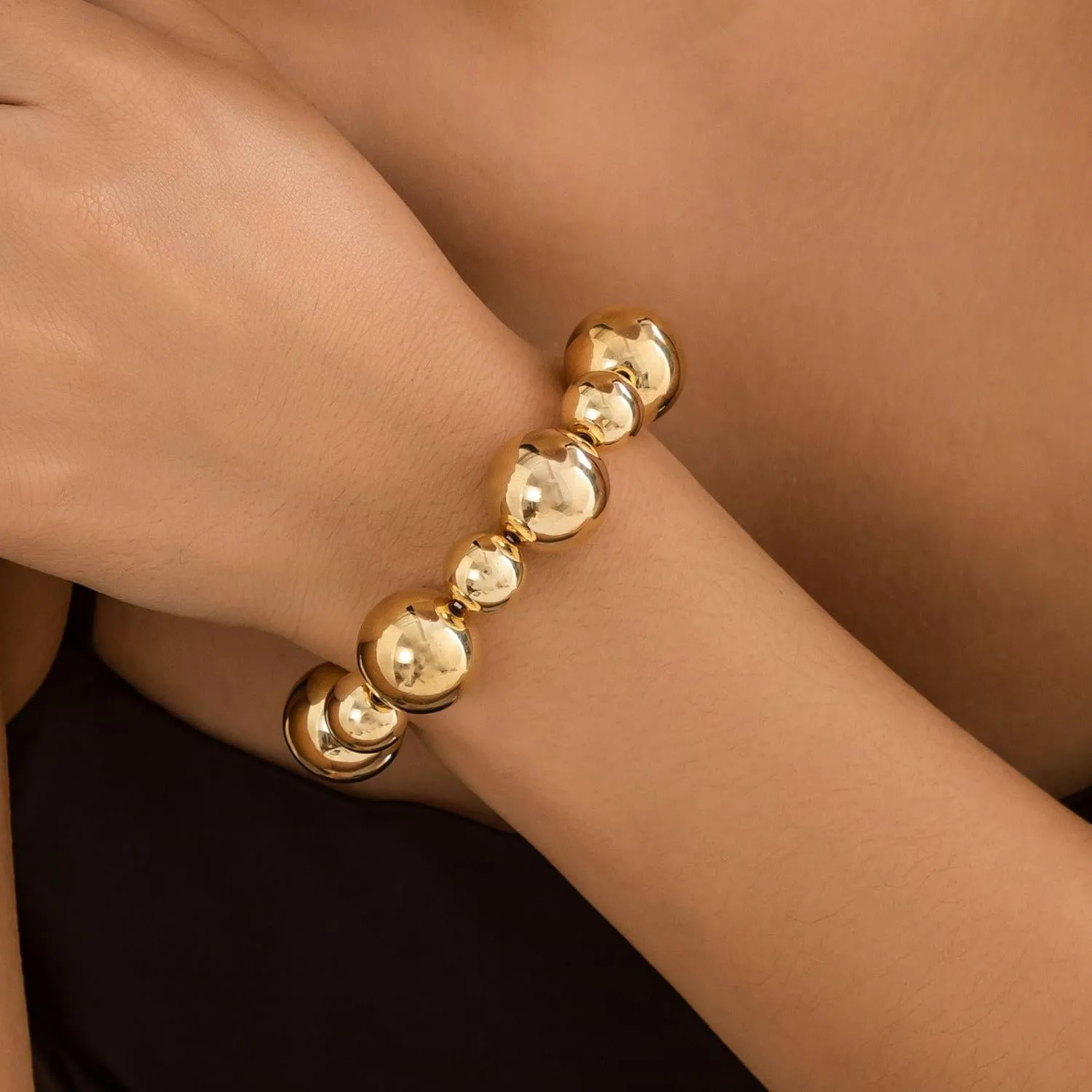 Statement Gold Beaded Bracelets for Women Strand Tarnish Chunky Dainty Link Stackable Beads ball Bracelet