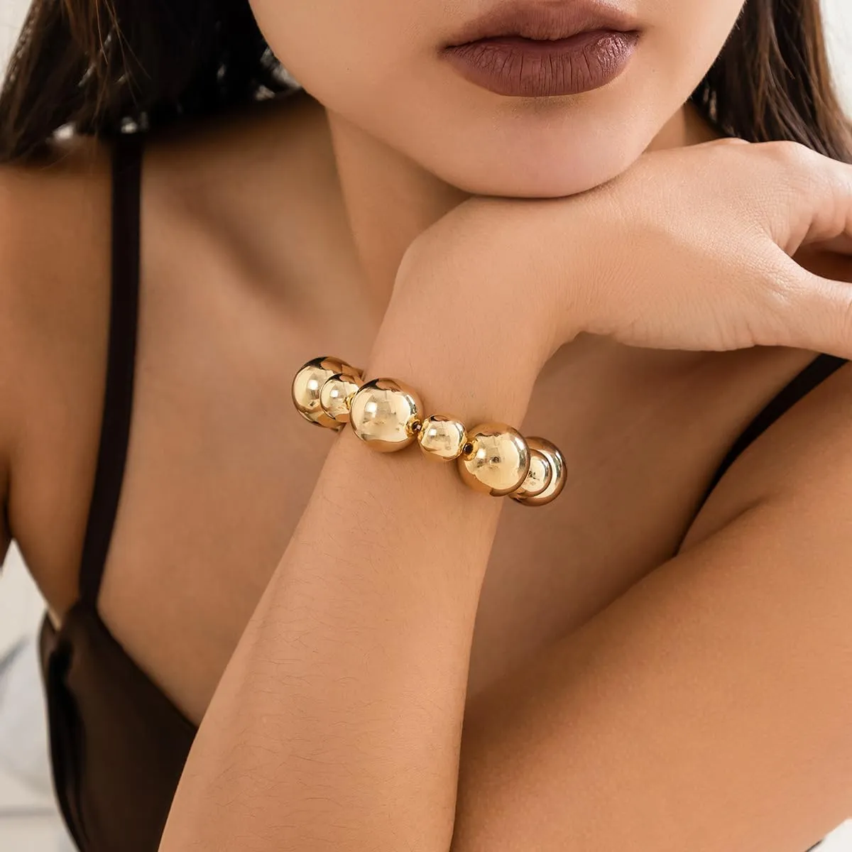 Statement Gold Beaded Bracelets for Women Strand Tarnish Chunky Dainty Link Stackable Beads ball Bracelet