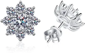 Sterling Silver Plated Platinum Cute Flower Stud Earrings, 1 Ct D Color Moissanite Exquisite Sparkling Jewelry Gift