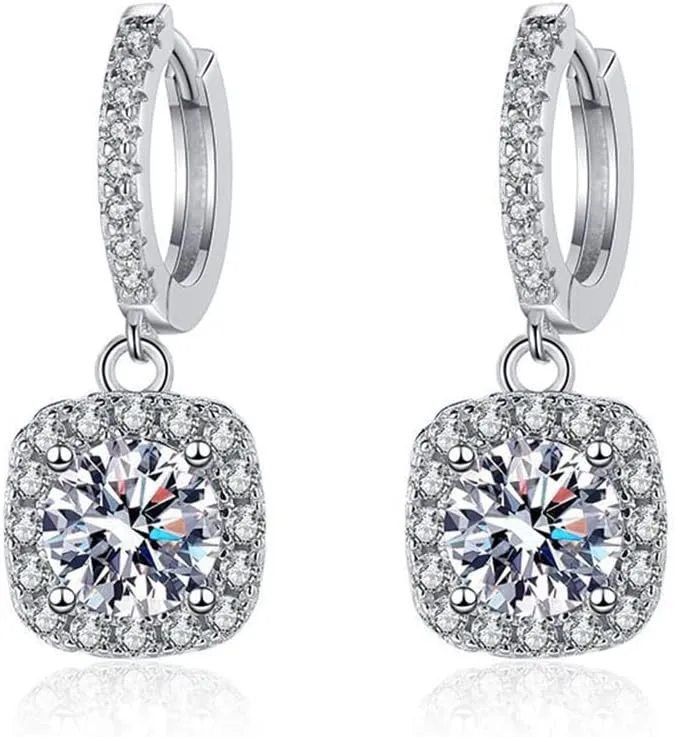 Sterling Silver Plated Platinum Sparkling Square Drop Earrings, D-Color 2 Ct Moissanite Exquisite Jewelry Gift for Women
