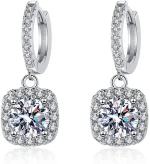 Sterling Silver Plated Platinum Sparkling Square Drop Earrings, D-Color 2 Ct Moissanite Exquisite Jewelry Gift for Women