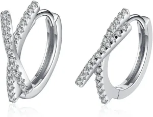 Sterling Silver Plated Platinum X-Shaped Hoop Earrings, Exquisite High-Grade D-Color Moissanite Charming Jewelry Gifts