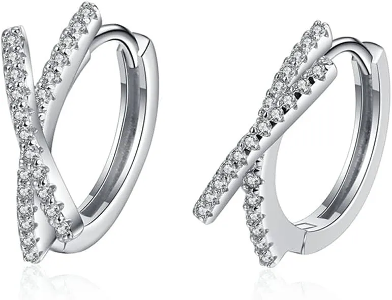 Sterling Silver Plated Platinum X-Shaped Hoop Earrings, Exquisite High-Grade D-Color Moissanite Charming Jewelry Gifts