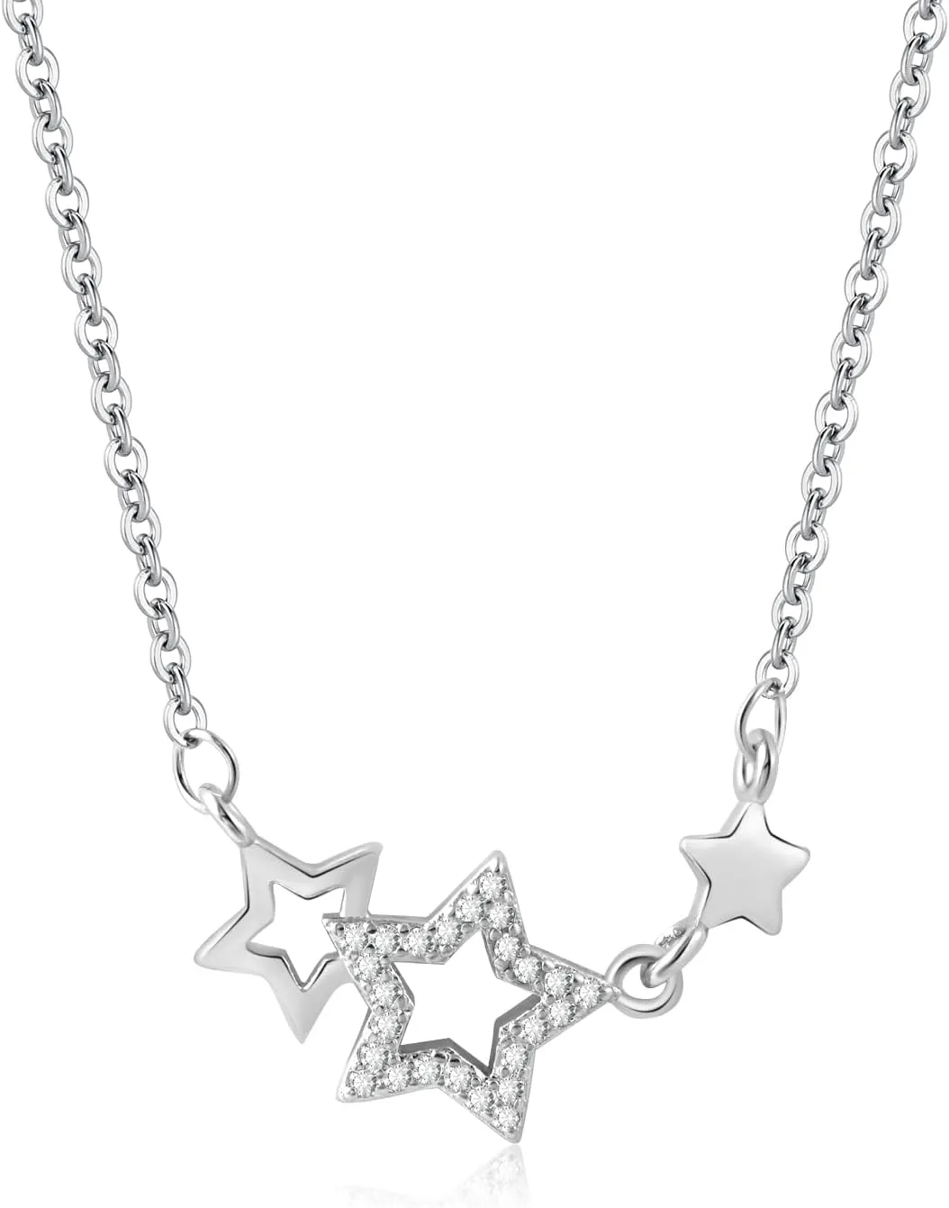 Sterling Silver Star Necklace for Women with Three Cubic Zirconia Star Pendants Adjustable Chain for Y2k Jewelry