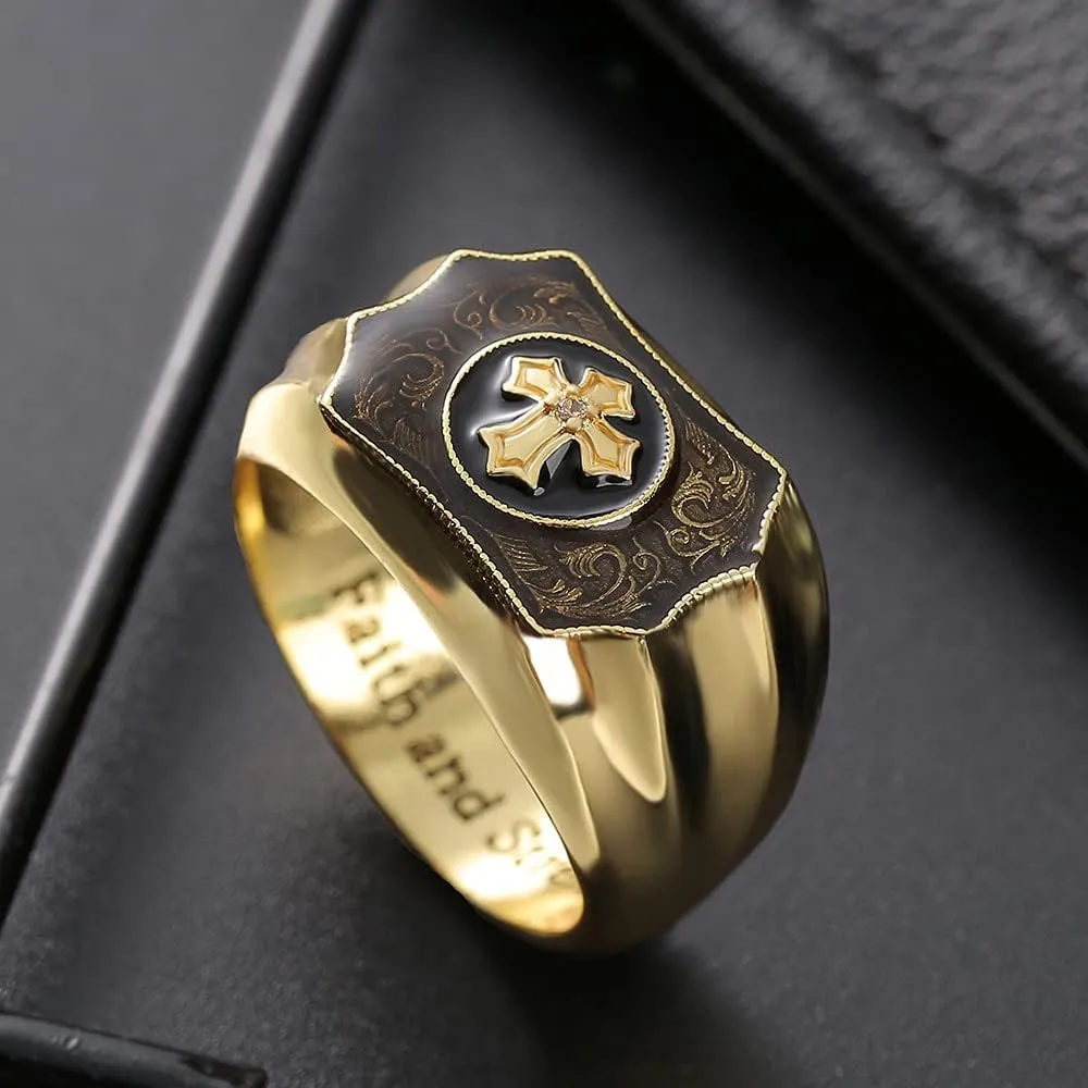SUKKCCNO 18k Gold Plated Men's Retro Ring Exquisite Carved Cross Ring Men's Ring of Faith and Strength