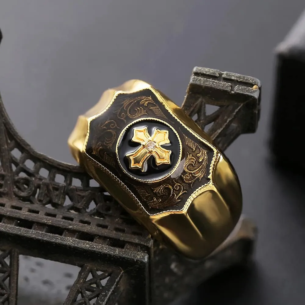 SUKKCCNO 18k Gold Plated Men's Retro Ring Exquisite Carved Cross Ring Men's Ring of Faith and Strength