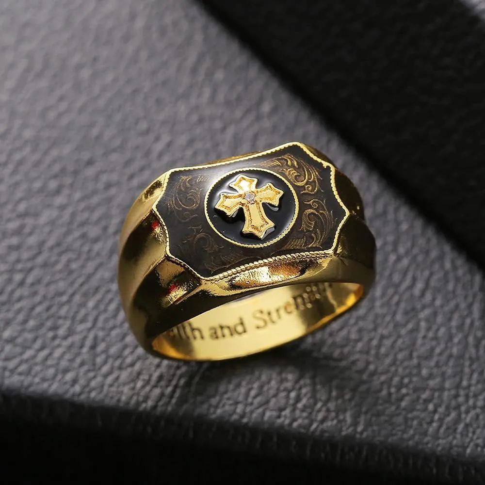SUKKCCNO 18k Gold Plated Men's Retro Ring Exquisite Carved Cross Ring Men's Ring of Faith and Strength