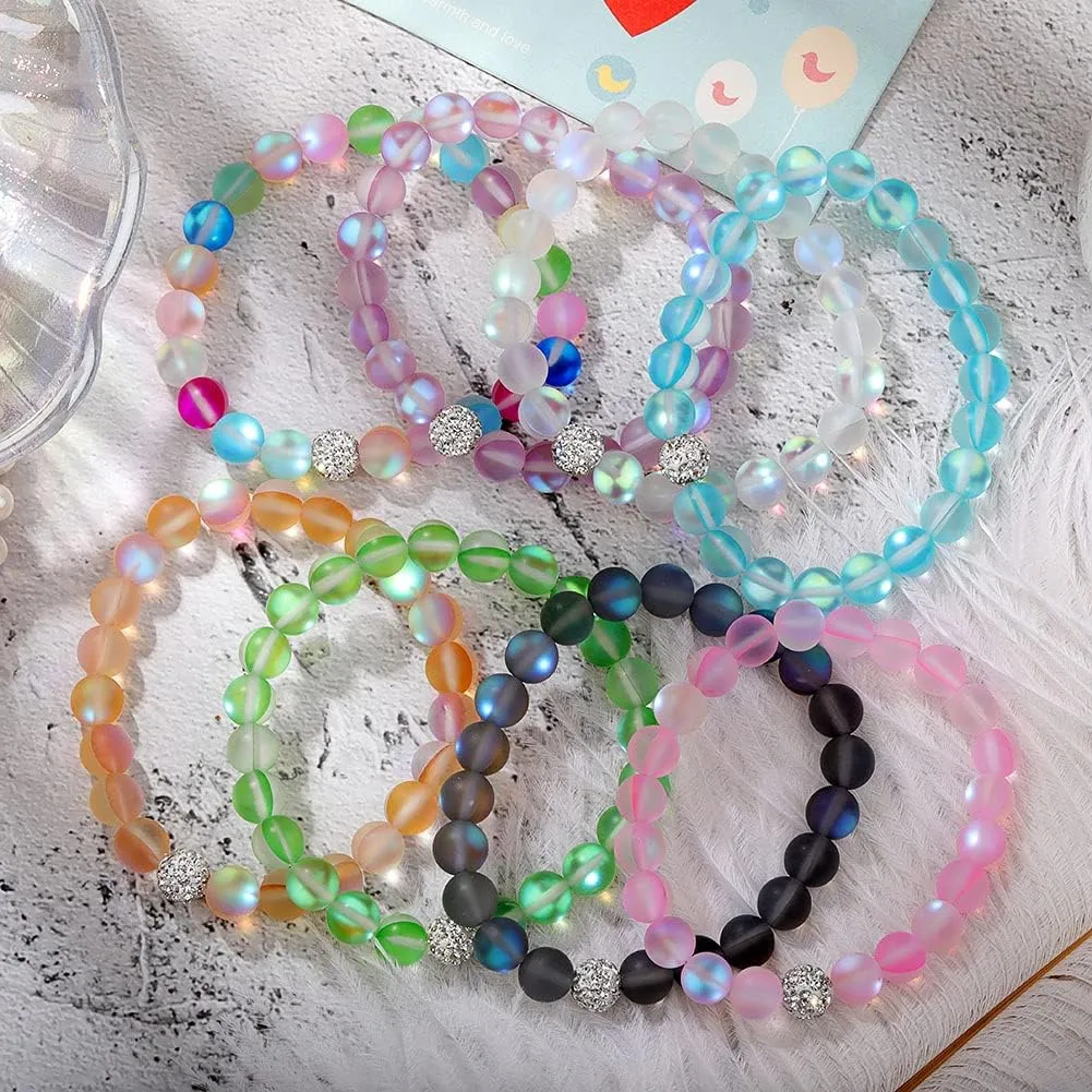 SUMMER LOVE 6mm 8mm Mystic Mermaid Glass Charm Bracelet Glowing Moonstone Friendship Beaded Bracelets for Women Gifts