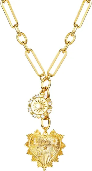 Sun Heart Charm Choker Necklace for Women Men,Golden Plated With Zircons Inlaid Pendants,Thick Chunky Paperclip Chain Hip Hop Necklace Unisex Jewelry,Cuban Link Chain for Women TrendyHeart
