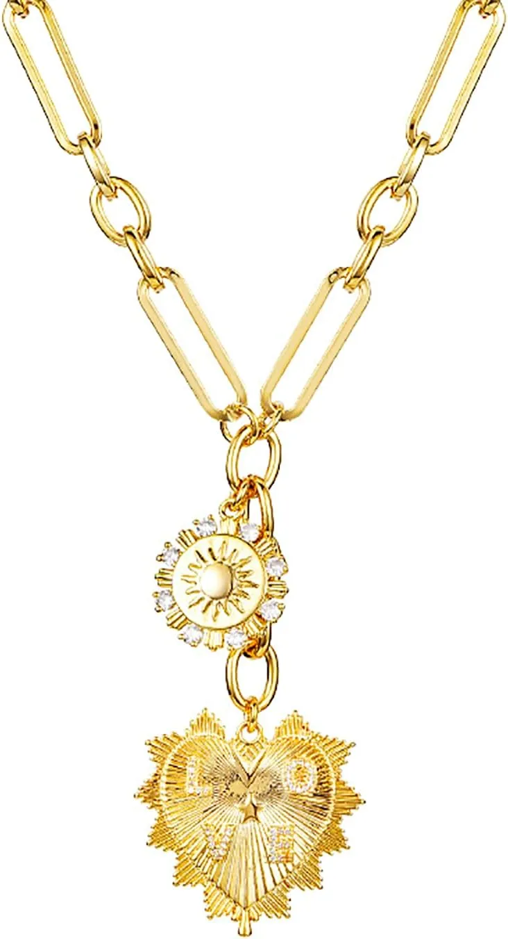 Sun Heart Charm Choker Necklace for Women Men,Golden Plated With Zircons Inlaid Pendants,Thick Chunky Paperclip Chain Hip Hop Necklace Unisex Jewelry,Cuban Link Chain for Women TrendyHeart