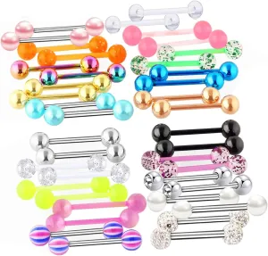 Suotarn 40pcs 14G Mix-Color Stainless Steel Straight Barbell Tongue Rings Bars Piercing 5/8" Length Acrylic Glow In Dark Flexible Retainer Body Jewelry For Women Men