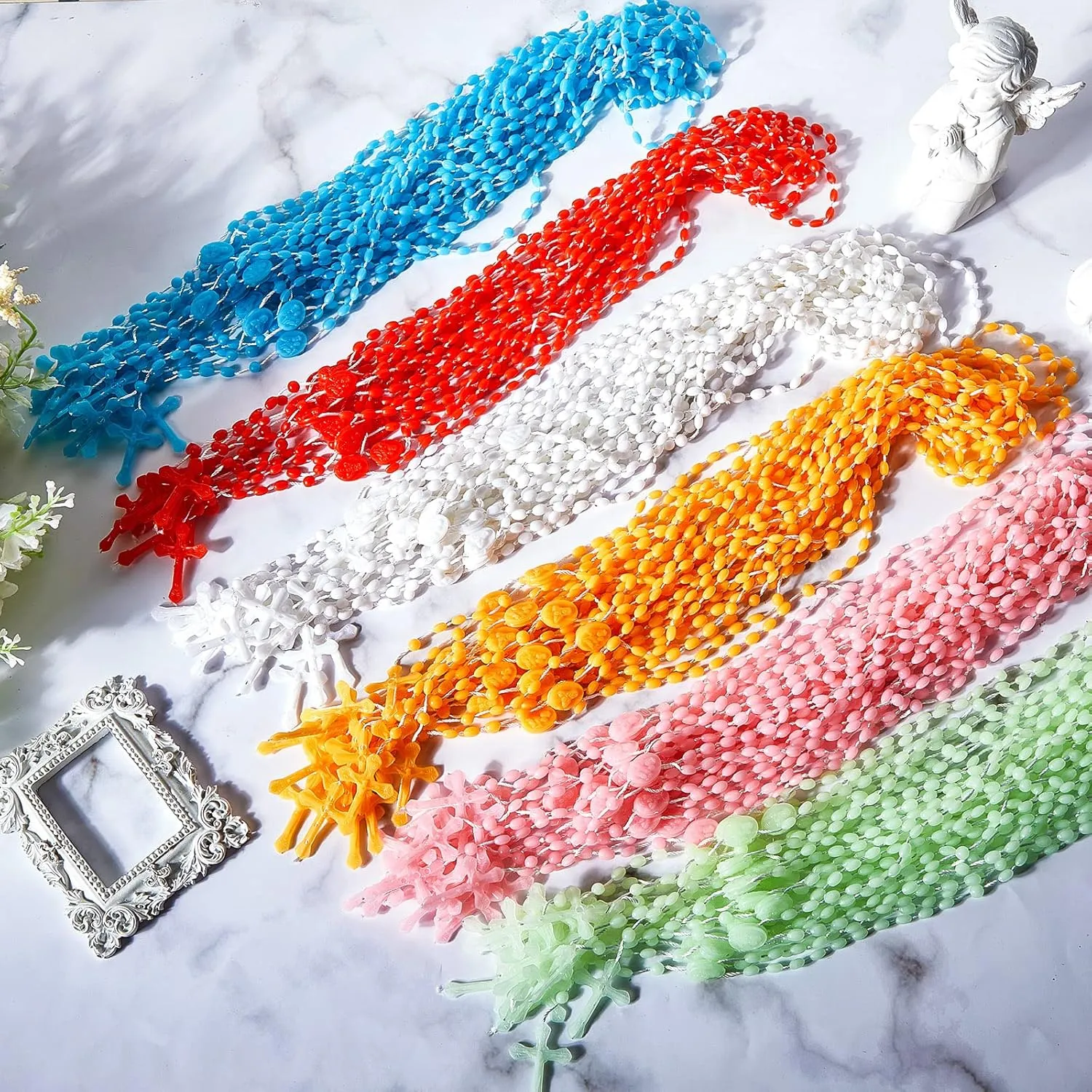 Taiyin Cross Necklaces Bulk 13 Inch Plastic Cross Rosary Necklace for Boys Girls, Prayer Crossed Beads Rosaries Catholic Bulk for Church Religious Homeless Easter Gifts, 6 Colors