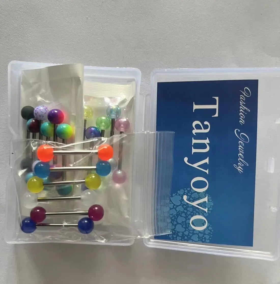 Tanyoyo 14G 18 Pcs Colorful Ball Tongue Rings Stainless Steel Barbell Tongue Straight Ring Retainer Nipple Ring Bar Length 16mm For Women Men