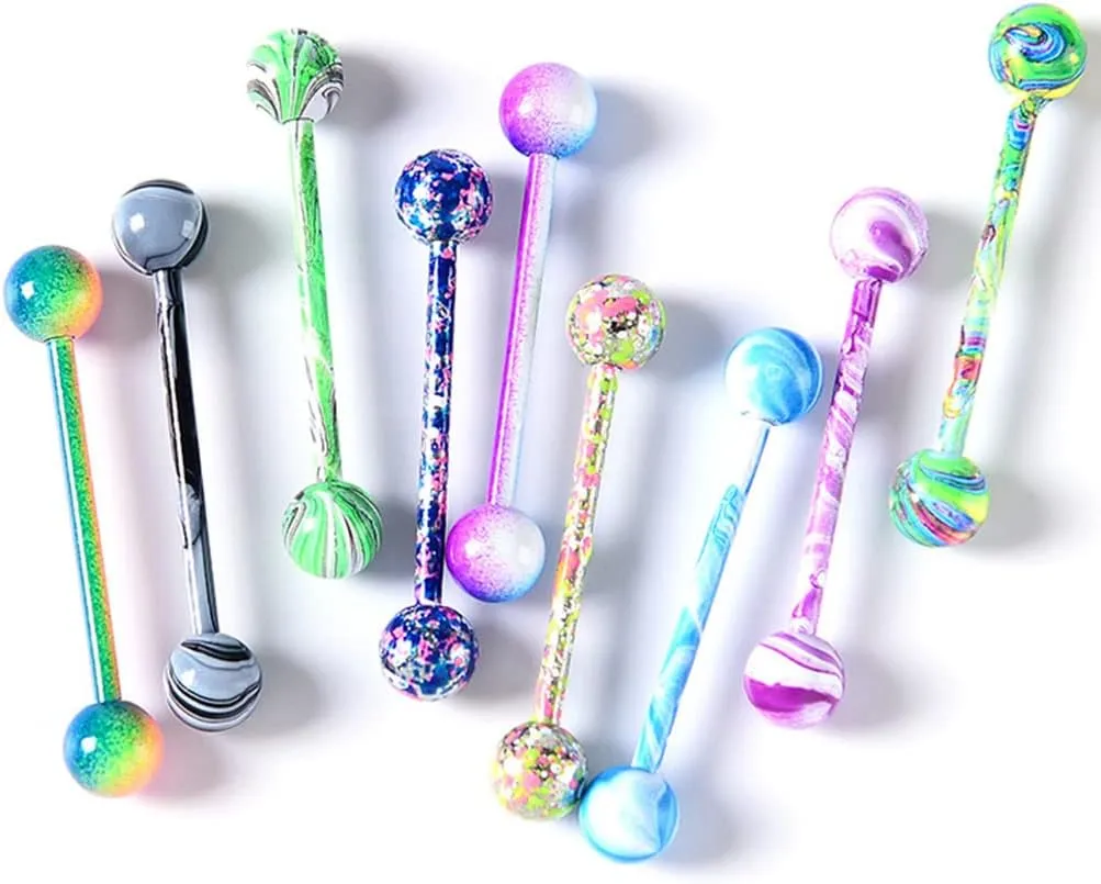 Tanyoyo 14G 18 Pcs Colorful Ball Tongue Rings Stainless Steel Barbell Tongue Straight Ring Retainer Nipple Ring Bar Length 16mm For Women Men