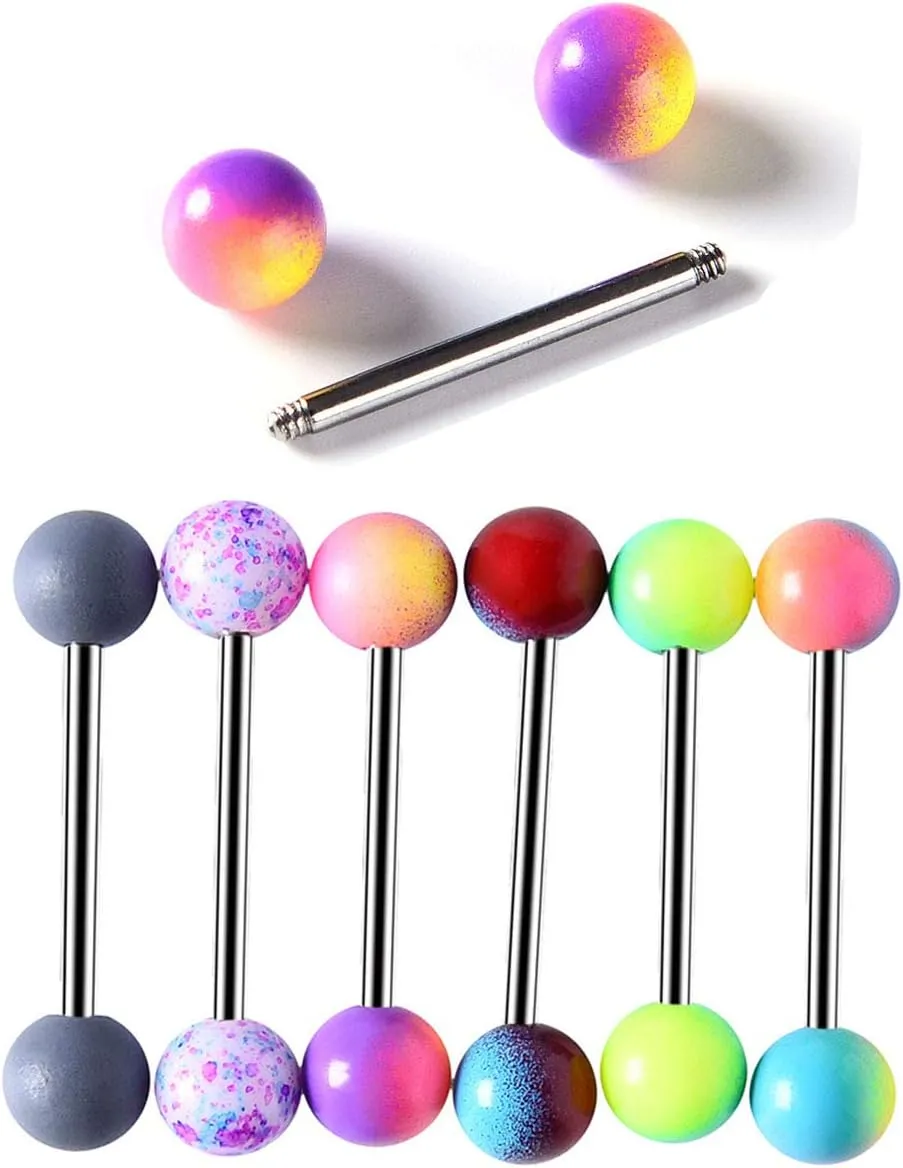 Tanyoyo 14G 18 Pcs Colorful Ball Tongue Rings Stainless Steel Barbell Tongue Straight Ring Retainer Nipple Ring Bar Length 16mm For Women Men