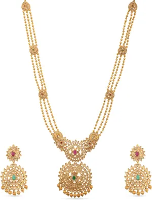 TARINIKA Antique Gold Plated Binal Long Necklace Set with Floral Design - Indian Jewelry Sets for Women | Perfect for Ethnic Occasions | Traditional South Indian Necklace | 1 Year Warranty*