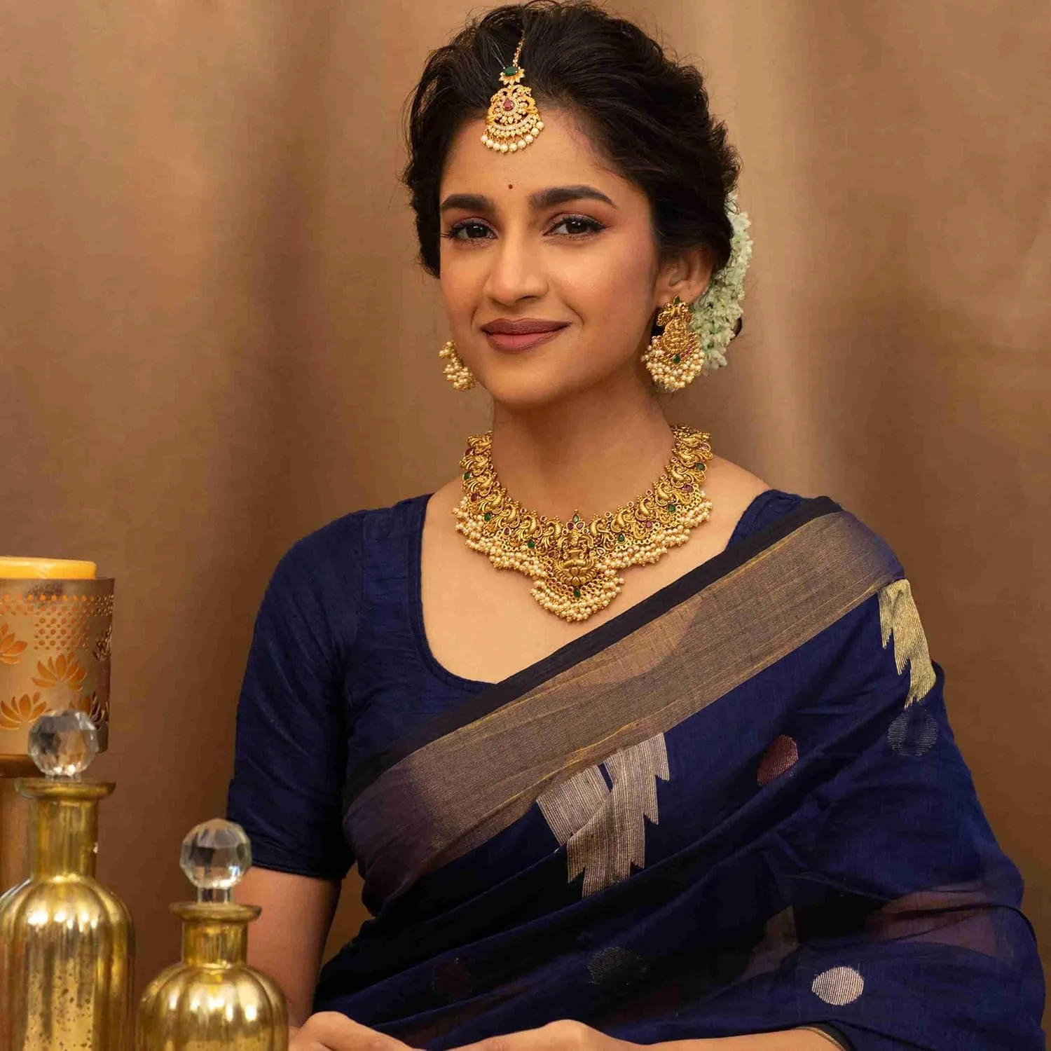 TARINIKA Antique Gold Plated Cira Short Necklace Set with Floral Design - Indian Jewelry Sets for Women | Perfect for Ethnic Occasions | Traditional South Indian Necklace | 1 Year Warranty*