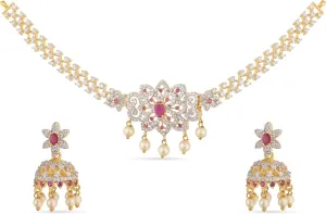TARINIKA Yellow Gold Beli Nakshatra CZ Short Necklace Set with Floral Design - Indian Jewelry Set for Women | Perfect for Casual Occasions | Indian necklace sets | 1 year warranty*