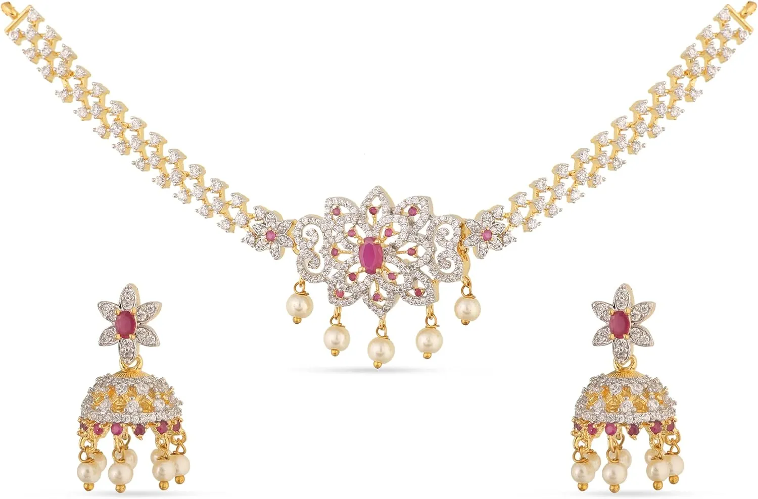 TARINIKA Yellow Gold Beli Nakshatra CZ Short Necklace Set with Floral Design - Indian Jewelry Set for Women | Perfect for Casual Occasions | Indian necklace sets | 1 year warranty*