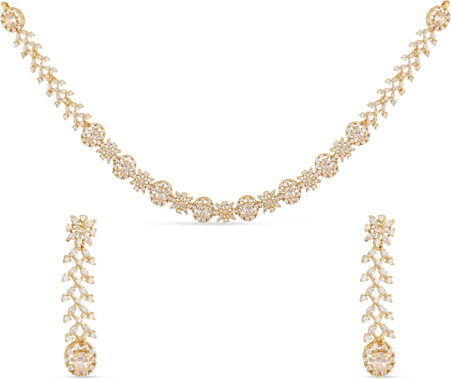 TARINIKA Yellow Gold Uri Delicate CZ Short Necklace with Floral Design - Jewelry Set for Women Perfect for Casual Occasions | Indian Jewelry Sets for Women | 1 Year Warranty*