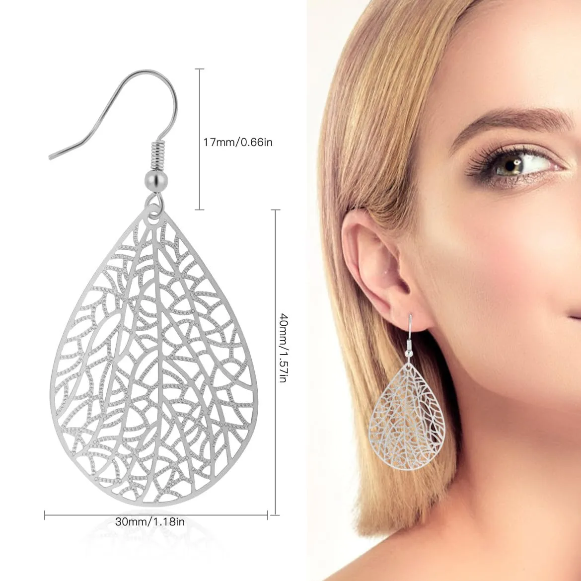 Teardrop Earrings for Women, 14K Silver Plated Dangle Earrings Handmade Filigree Teardrop Dangling Earrings Hypoallergenic 925 Sterling Silver Hooks Exquisite Leaf Earrings for women Girls