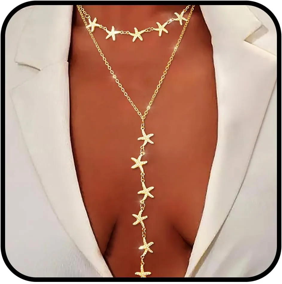 Tgirls Starfish Layered Choker Necklaces Boho Y Pendant Necklace Chain Sparkle Crystal Body Necklace Jewelry for Women