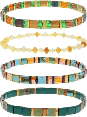 Tila Flat Gold Beaded Bracelets Stack Set for Women, Boho Colorful Handmade Gemstone Miyuki Glass Beads Stretch Festive Holiday Accessories Jewelry Gift.