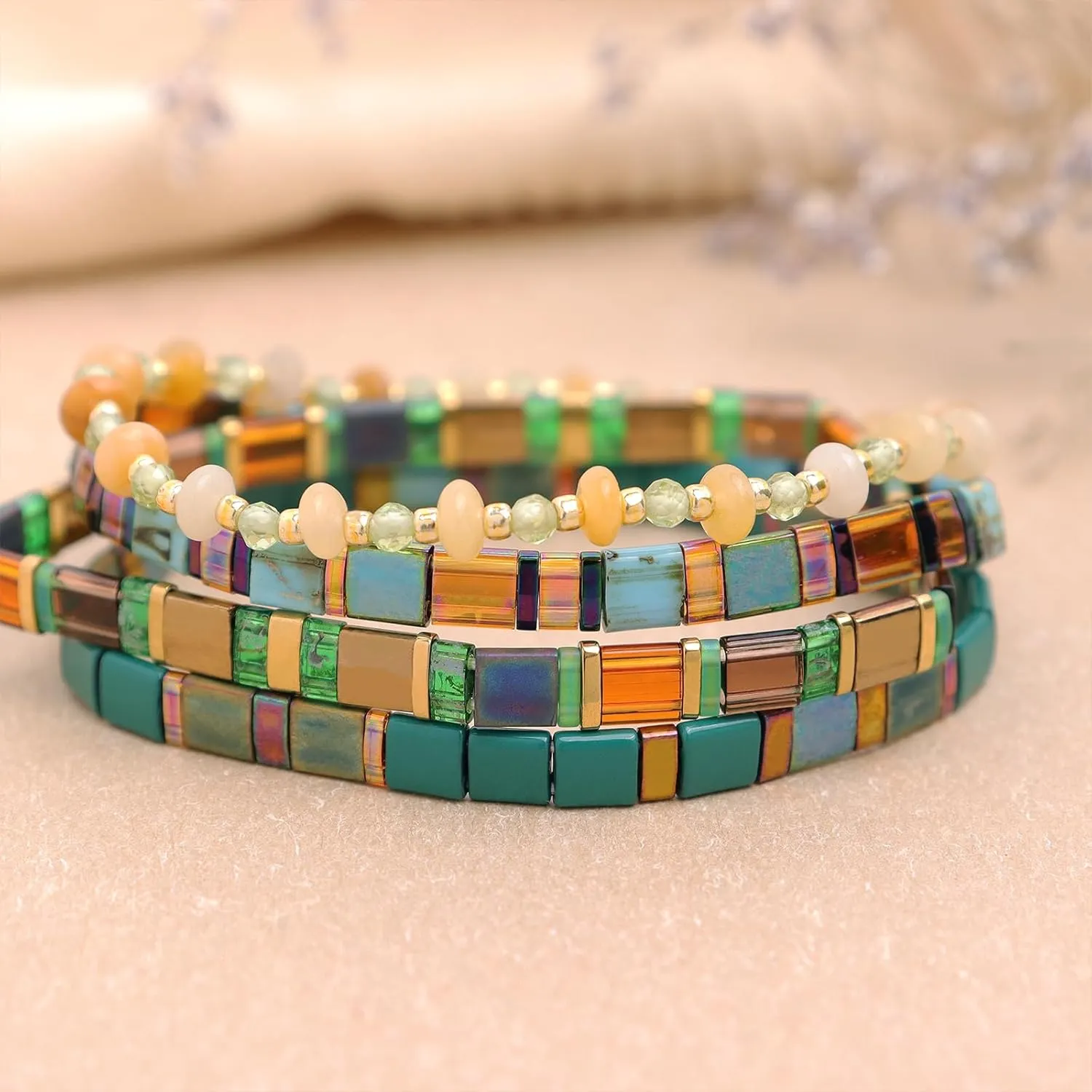 Tila Flat Gold Beaded Bracelets Stack Set for Women, Boho Colorful Handmade Gemstone Miyuki Glass Beads Stretch Festive Holiday Accessories Jewelry Gift.