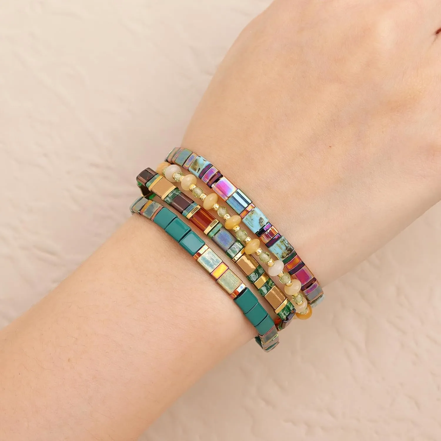 Tila Flat Gold Beaded Bracelets Stack Set for Women, Boho Colorful Handmade Gemstone Miyuki Glass Beads Stretch Festive Holiday Accessories Jewelry Gift.