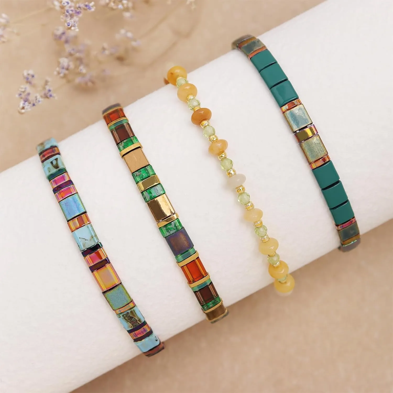 Tila Flat Gold Beaded Bracelets Stack Set for Women, Boho Colorful Handmade Gemstone Miyuki Glass Beads Stretch Festive Holiday Accessories Jewelry Gift.