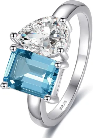 Toi Et Moi 925 Sterling Silver Women Engagement Ring 14K Gold Plated 1.5ct 6x8mm Double Stone Emerald & Pear Aquamarine Cut Wedding Band Width 2mm Size 5-9