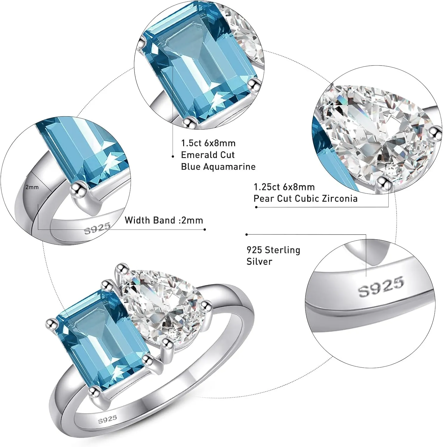 Toi Et Moi 925 Sterling Silver Women Engagement Ring 14K Gold Plated 1.5ct 6x8mm Double Stone Emerald & Pear Aquamarine Cut Wedding Band Width 2mm Size 5-9