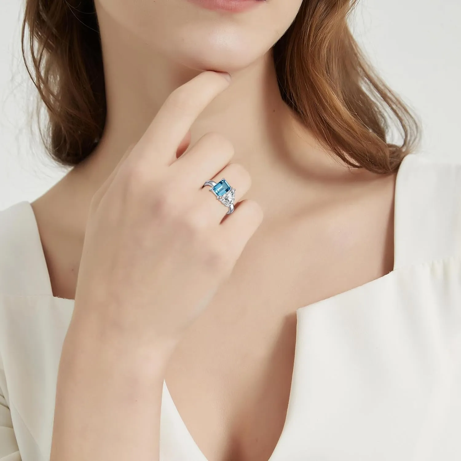 Toi Et Moi 925 Sterling Silver Women Engagement Ring 14K Gold Plated 1.5ct 6x8mm Double Stone Emerald & Pear Aquamarine Cut Wedding Band Width 2mm Size 5-9